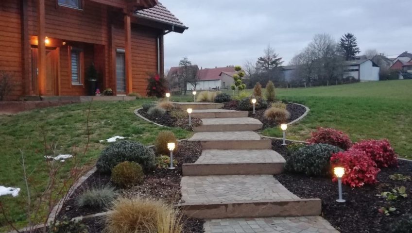 Heiby Wissembourg Haguenau Soultz sous forets - aménagements extérieurs pavage enrobé piscine plantation paysagiste escalier flottant